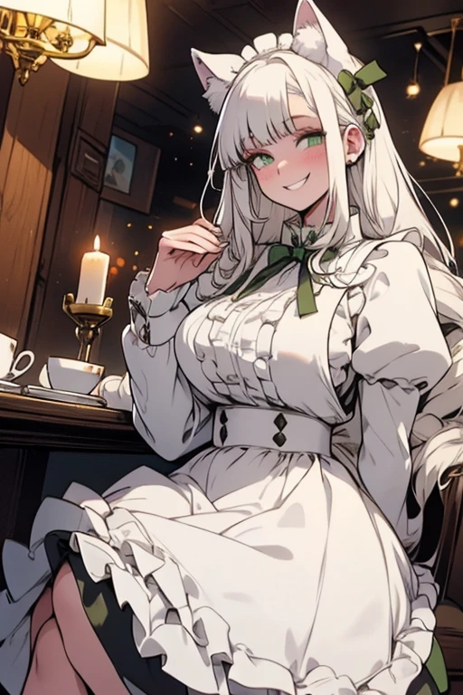 Perfect face. Perfect hands. A young white haired woman with green eyes with white wolf ears and a fluffy white wolf tail in a ta maid outfit is serving dinner in a fancy made cafe with a big smile