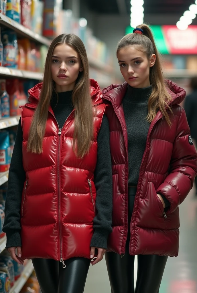 a slim ponytail girl and her bestie walking in a puffershop,beautiful detailed eyes,beautiful freckles,beautiful detailed lips,extremely detailed eyes and face,longeyelashes, wearing beautiful detailed skintight airtight hood covering her head formfitting duvetica overfilled shiny super gleamy super thick glossy puffervest covering over her super padded high-collared pufferjacket, shiny latex leggings,symmetrical,masterpiece,cinematic,lifelike,hyperrealistic,8k,photorealistic,highly detailed,intricate,exquisite,elegant,beautiful,stunning,peoples trying on puffervests