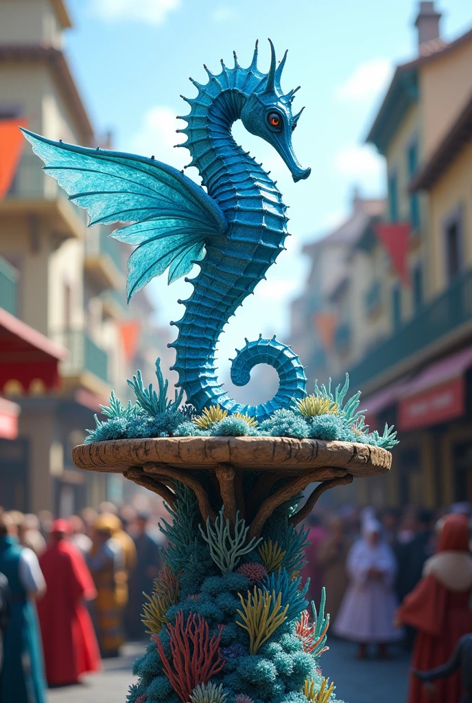 Grand hippocampe bleu avec des ailles de posé au centre sur un grand plateau en bois remorquable. Le plateau est dans une rue avec une grande foule de personnes déguisé. Autour et au pied de l’hippocampe plein de coraux.