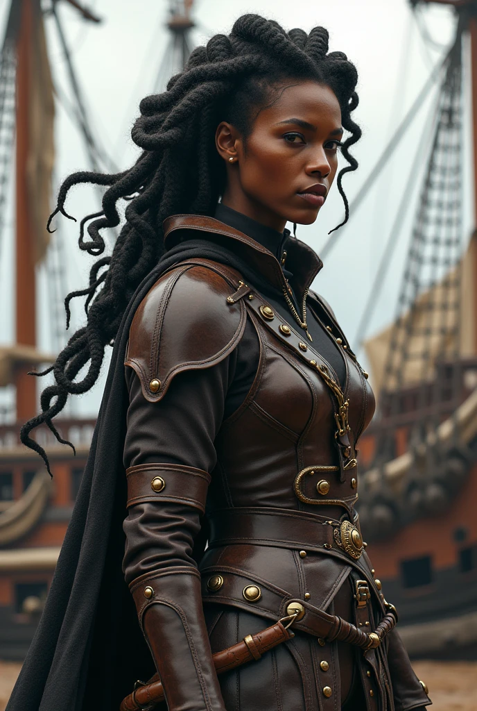 A black woman with snake hair in a port in front of a ship, Wearing armor of beaten leather, a shirt underneath, leather pants and a boot, showing her dominance as captain of the ship and with an outgoing personality