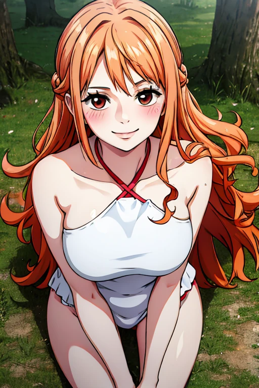 Long Hair, Silky orange hair,Pinkish white skin,Chewy skin,Large Breasts, Marshmallow-like breasts,Highly detailed CG illustration,Chewy thighs,beautiful,((High resolution)), (((Highest quality ))),Realistic beautiful skin,pale pink lips,(masterpiece),one person, gauze, Beautiful Face,Black bodysuit,Top view,Open-chested,Blushing,  Red face, smile, 