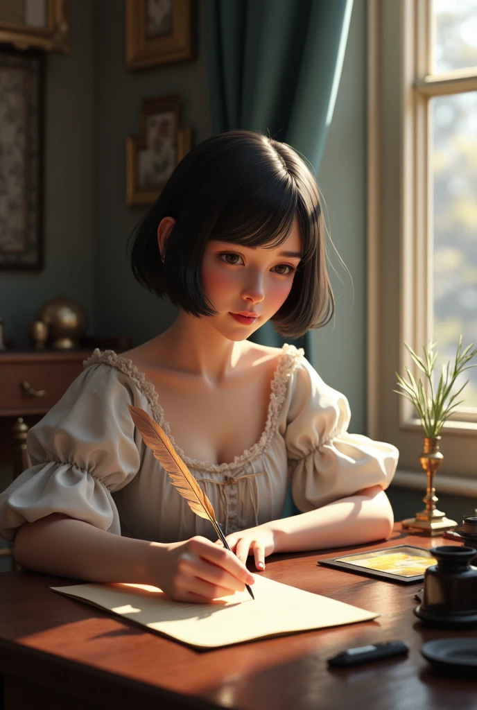  with short hair reaching her shoulders, she sat near the window in her room, writing a letter with a quill pen. (realistic 3d image)