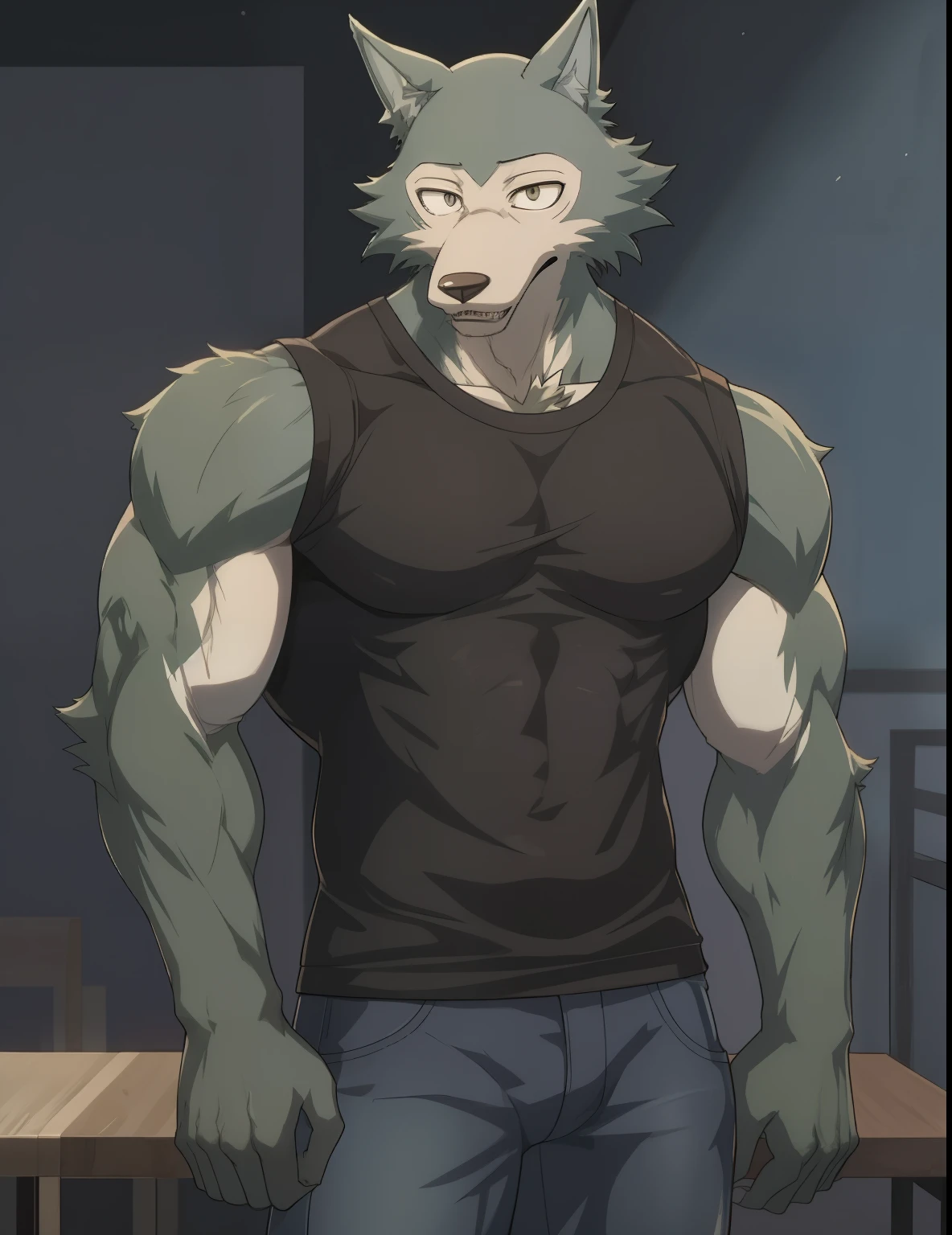 Legoshi, Beastars, muscular, bodybuilder, wolf, anthro, large pectorals, veiny muscles, huge muscles, slim waist, tight black t-shirt, flexing, wearing jeans, smirking