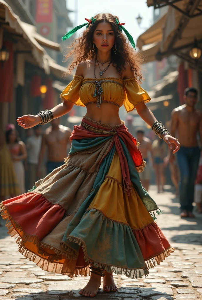 (photorealism:1.2), beautiful begger girl around  with long shoulder lenght curly  chesnut color heir wearing a loose off-shoulder golden bodice and a multicolored long gypsy skirt made with dirty linen and old patckwork rags with no shoes and with silver bangle bracelets on her feet and no shoes on with green , blue and red ribbons in her hair . She is dancing for coins in a street market in Mexico city in the 19th century.