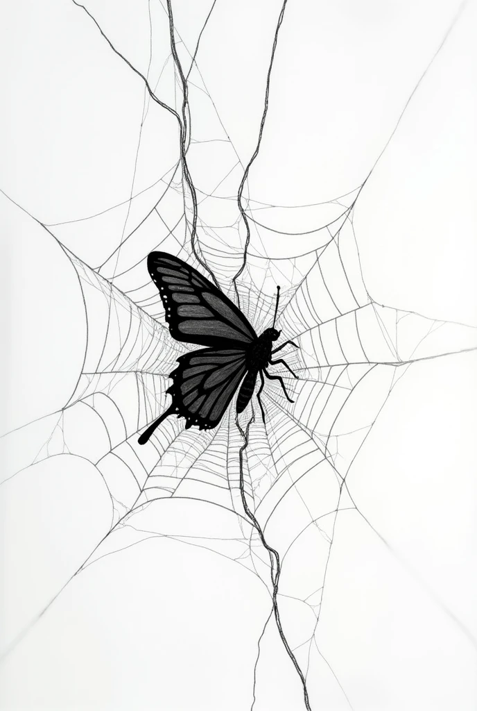 butterfly trapped in a web, something minimalist, in a more black and white drawing style