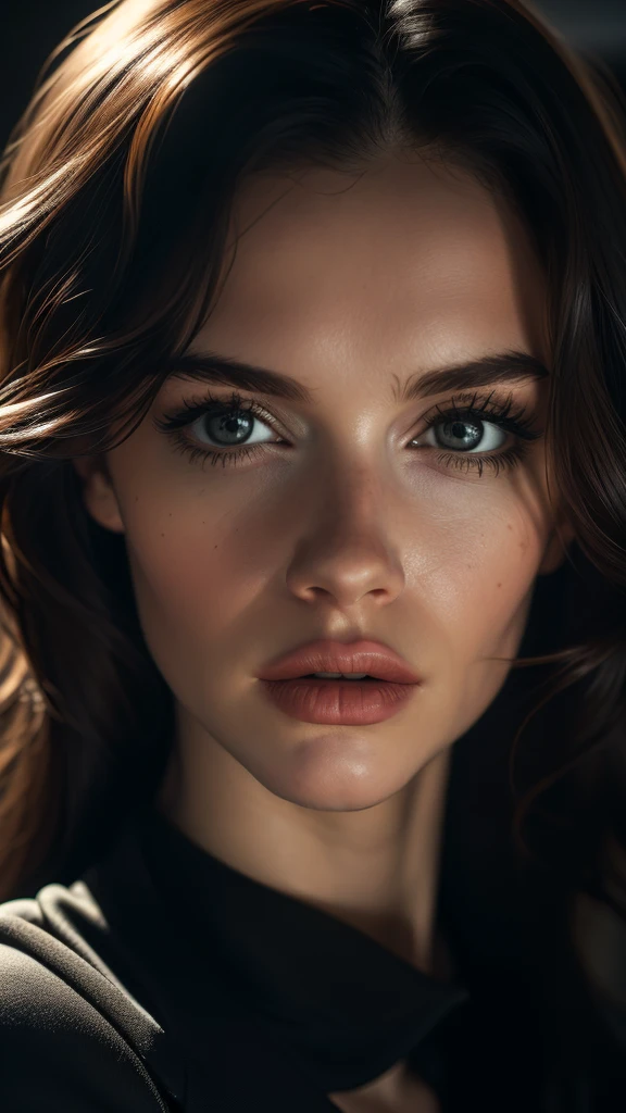 (((ultra realistic))) Photo, masterpiece, top quality, (pale skin), (Ultra detailed face and eyes:1.3), 2 girls, Adult, in a black T-shirt, (Eye makeup, black mascara) , ((large detailed lips)), ((Dark wavy hair)), ((Chyolka)) , (Natural breasts),  ((Posing)), photoshoot, (Side light), (The play of light and shadows), depth of field, bokeh, (special attention to skin detail: 1.2), Detailed leather texture, skin pores. (Dark atmosphere of the frame. Color range - black, orange, Red, yellow tones), UDR, (Film grain), (rays), ((Glare)), ((close-up portrait, close to the camera)) , ultra detialed, high quality, realism, fashion photography, two adult women lying together sexy, one lying under the other, one black and one white, high quality, extreme realism, affection in photo