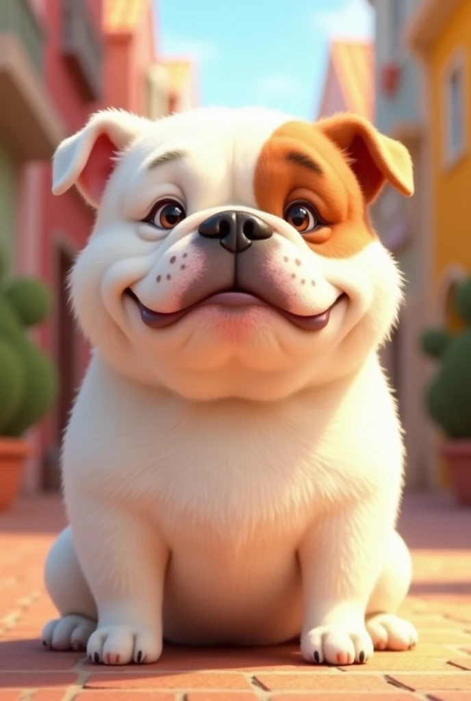A fat white bulldog with a brown spot on her face and the animation is by Pixar