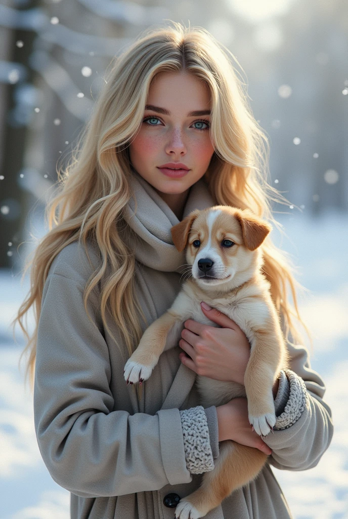 une belle fille aux longs cheveux blonds, Yeux détaillés, nez, et les lèvres, dans la neigeavec un chiot dans les bras , femme qui ressemble a alisha lehmann realiste