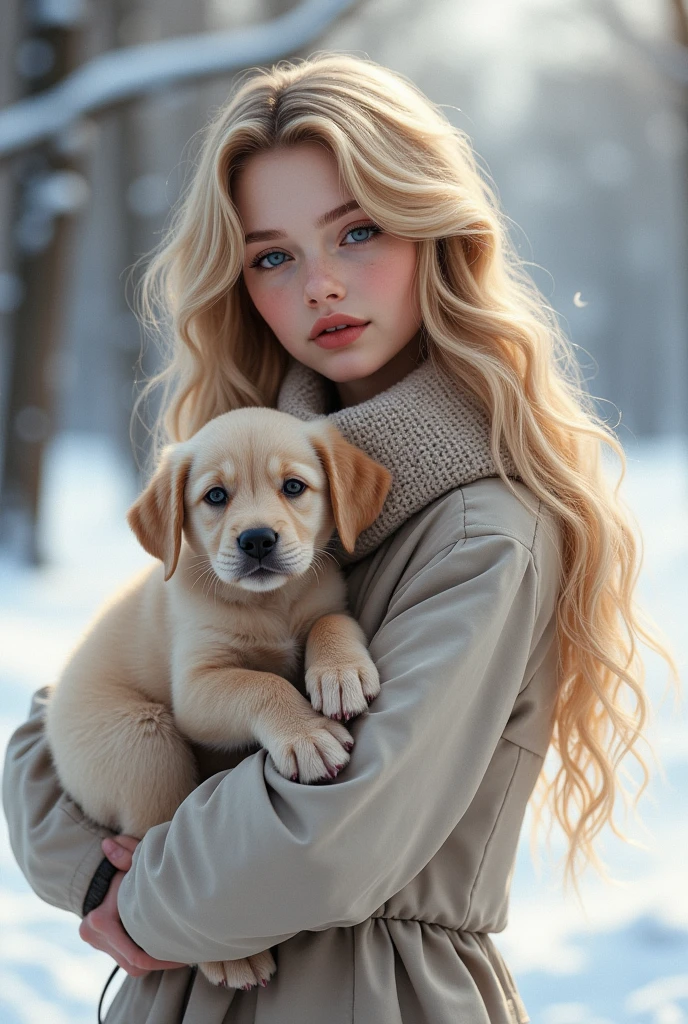 une belle fille aux longs cheveux blonds, Yeux détaillés, nez, et les lèvres, dans la neigeavec un chiot dans les bras , femme qui ressemble a alisha lehmann realiste