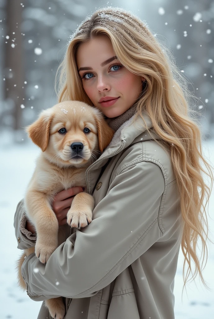 une belle fille aux longs cheveux blonds, Yeux détaillés, nez, et les lèvres, dans la neigeavec un chiot dans les bras , femme qui ressemble a alisha lehmann realiste
