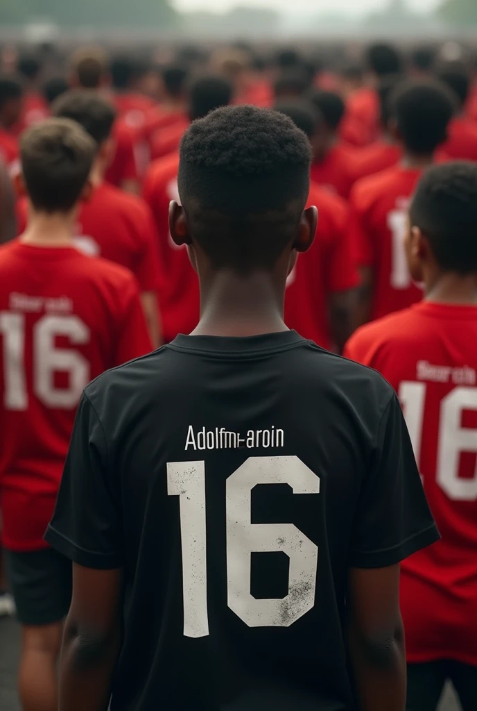 An African boy wearing a black shirt written AdolfHeroin 16 behind the shirt
while standing in a crowd of white boys also wearing red shirts written AdolfHeroin 16 behind the shirt
