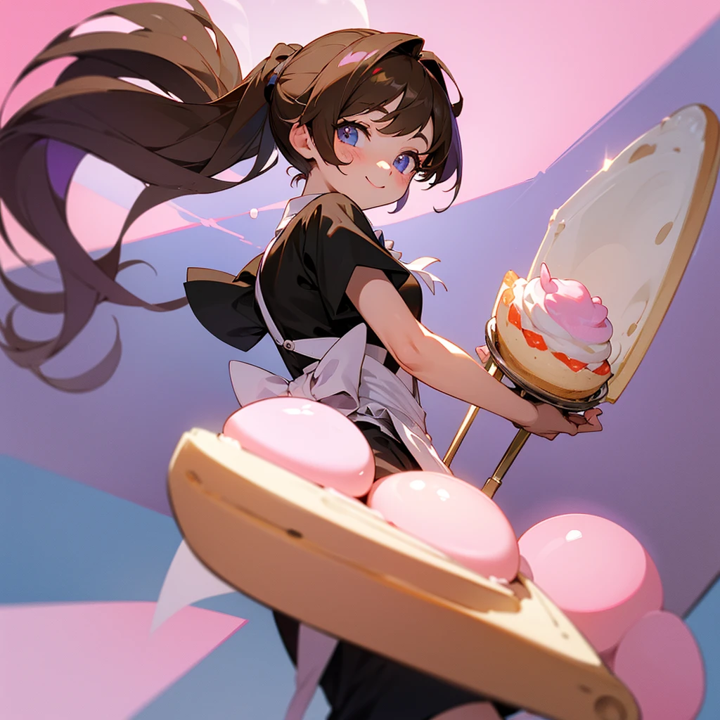 Create a chibi-style mascot of a cute girl for a confectionery store. She should have dark brown hair tied up in a high ponytail, with a lilac bow matching the main colors of the brand, What are lilac and white. The mascot should be wearing a lilac apron with white details, over a black t-shirt. She is holding a plate of homemade cookies in one hand and a spatula in the other, with a welcoming and expressive smile on the face. Your eyes are big and bright, showing a cheerful and friendly personality. Include other details in pastel colors, like light pink and baby blue, Para complementar o visual. Ao fundo, add a light touch of confectionery elements, like cakes and sweets in a minimalist style, to set the scene without taking the focus away from the mascot.