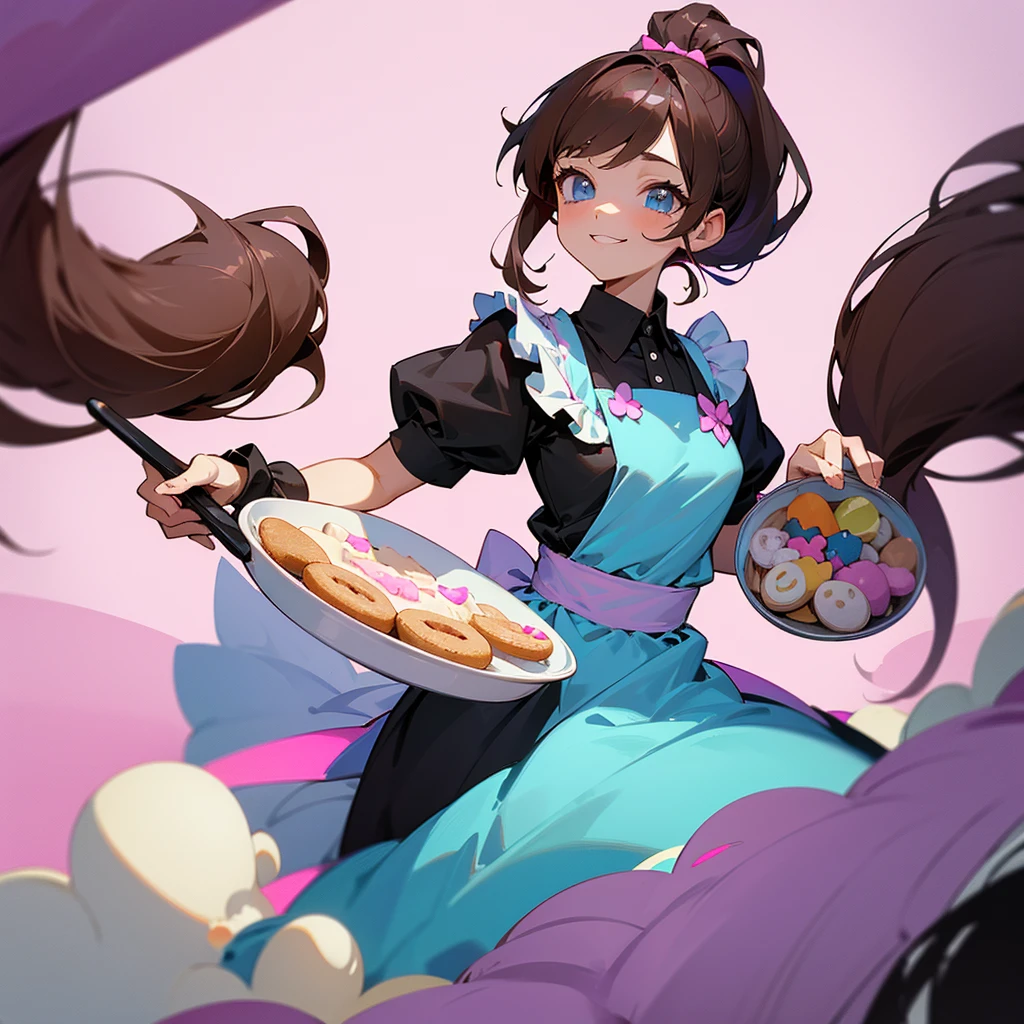 Create a chibi-style mascot of a cute girl for a confectionery store. She should have dark brown hair tied up in a high ponytail, with a lilac bow matching the main colors of the brand, What are lilac and white. The mascot should be wearing a lilac apron with white details, over a black t-shirt. She is holding a plate of homemade cookies in one hand and a spatula in the other, with a welcoming and expressive smile on the face. Your eyes are big and bright, showing a cheerful and friendly personality. Include other details in pastel colors, like light pink and baby blue, Para complementar o visual. Ao fundo, add a light touch of confectionery elements, like cakes and sweets in a minimalist style, to set the scene without taking the focus away from the mascot.