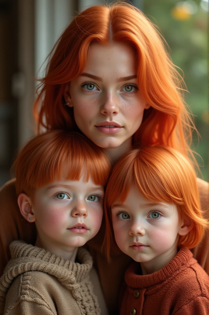 Three girls with red hair and white dresses posing for a photo, Perfect Android girl family, cabelo laranja brilhante, orange hair, ela tem cabelos longos e redorange, cabelo infravermelho, orange flowing hair, flowing ginger hair, Pupilas laranjas, pele laranja e cabelo ardente longo, brilho laranja, cabelos vermelhos brilhantes, Redhead Girl, laranja vibrante, tom de cor laranja, red hair and attractive features