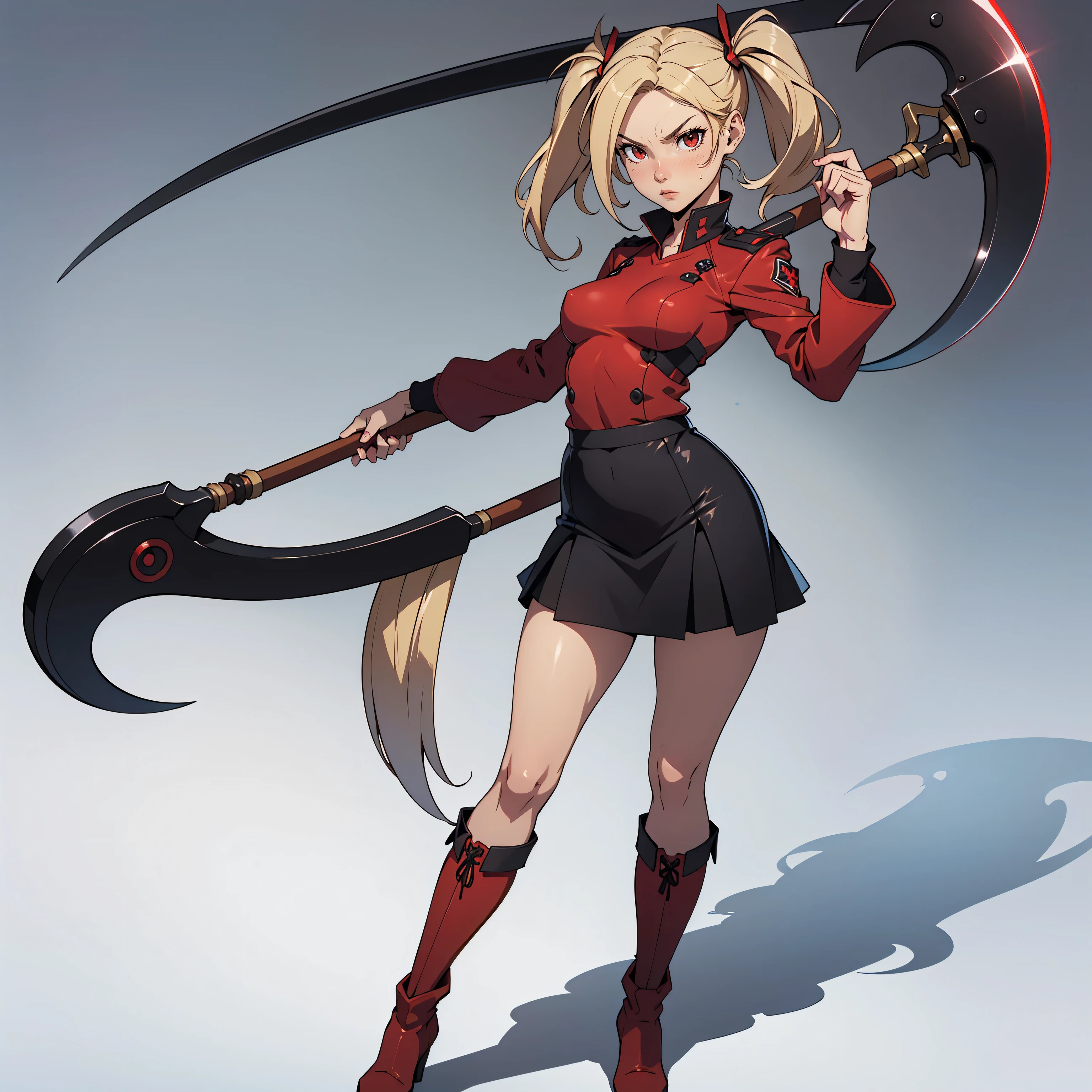 Very detailed, serious facial expression, small breasts, full body view, blonde hair with twintails, red eyes, looking at viewer, black and red uniform, skirt, black boots, holding scythe, combat pose.