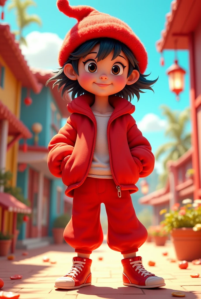 Create a character that wears red clothes in a cartoon