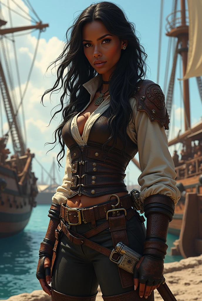 A black woman with snake hair in a port in front of a ship, Wearing armor of beaten leather, a shirt underneath, leather pants and a boot, showing her dominance as captain of the ship and with an outgoing personality, with two swords in their scabbard and an old pistol.