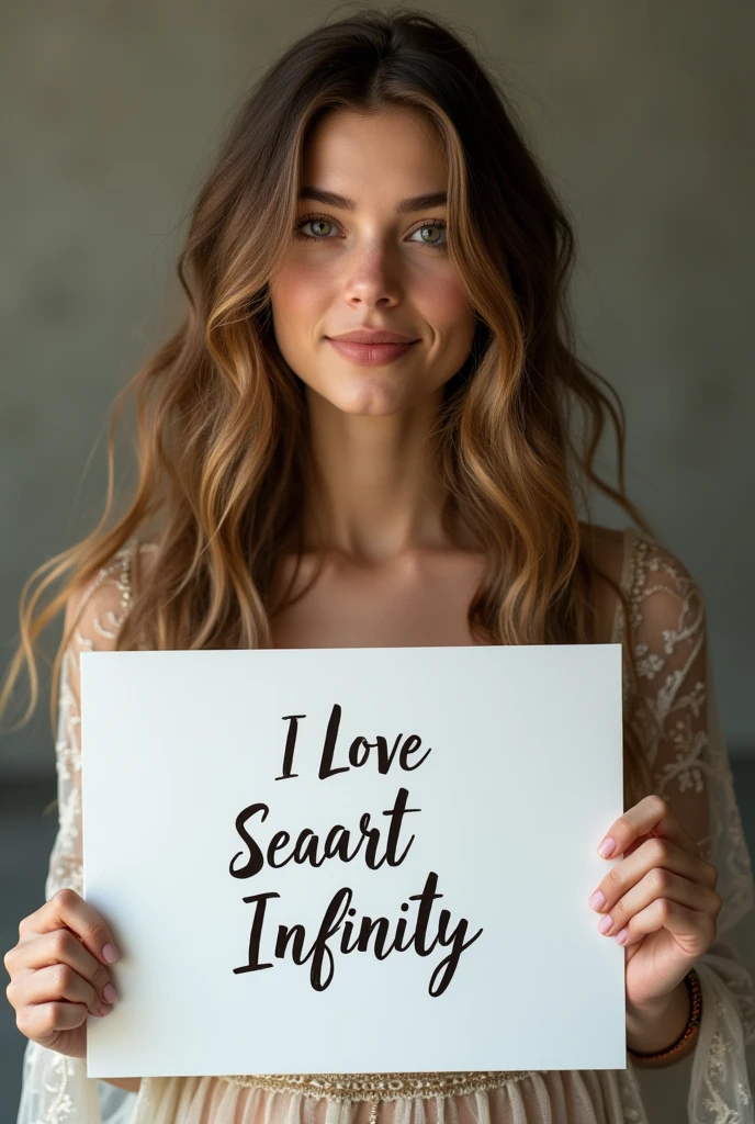 Beautiful girl with wavy long hair, bohemian dress, holding a white board with text "I Love Seaart Infinity" and showing it to the viewer