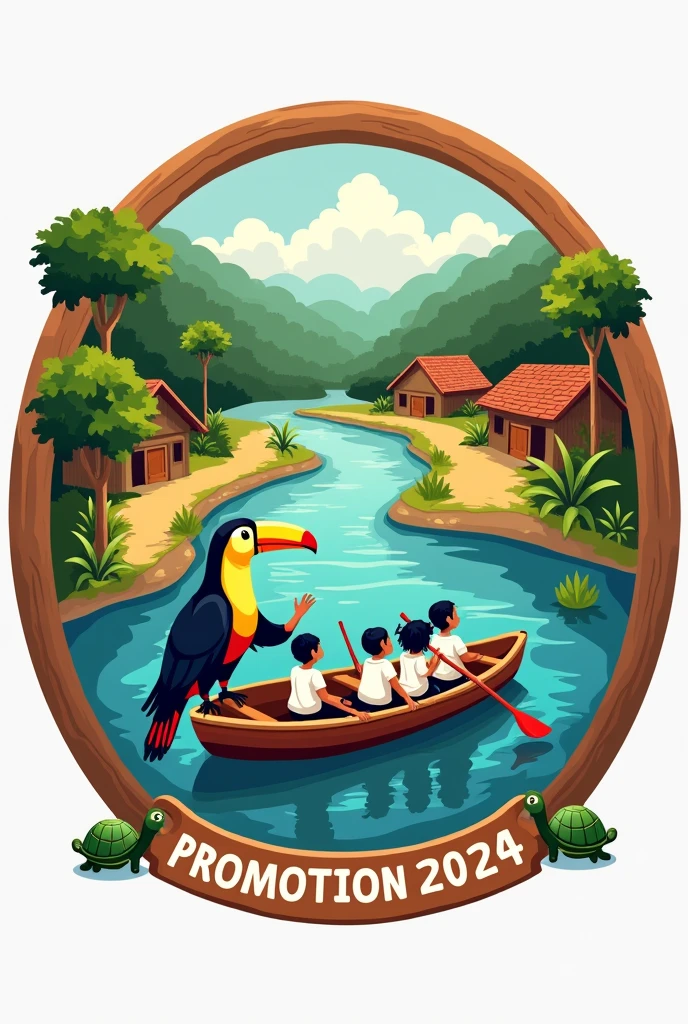 Create a graduation logo in a circle that says 'Promotion' at the top and '2024' at the bottom. In the background, there should be a river, some trees on the bank, and a dirt road with some wooden houses. There should be a large toucan and some indigenous children in white shirts in a wooden boat in the river, going to school. At the bottom of the logo, there should be two turtles. 