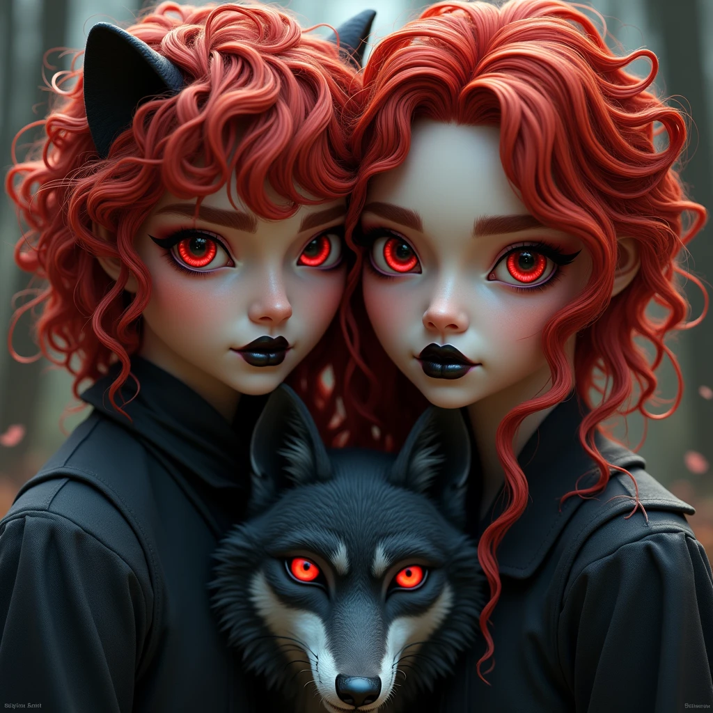 Princess and prince with black lips, fierce cute face, red eyes, red curly hair,red eyes wolf beside .