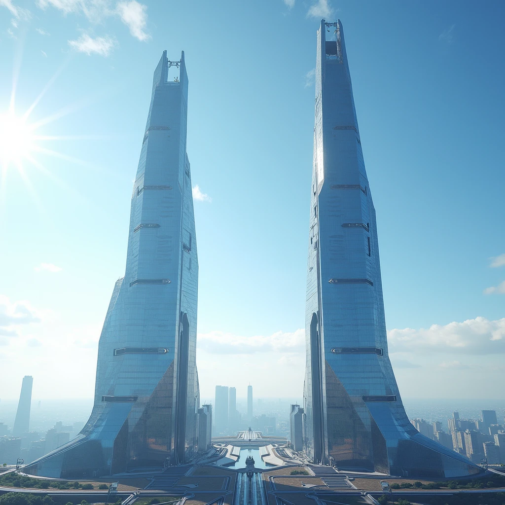 Deux tours futuristes au milieu de la ville avec l'horizon et le soleil et le ciel avec quelques petits nuages