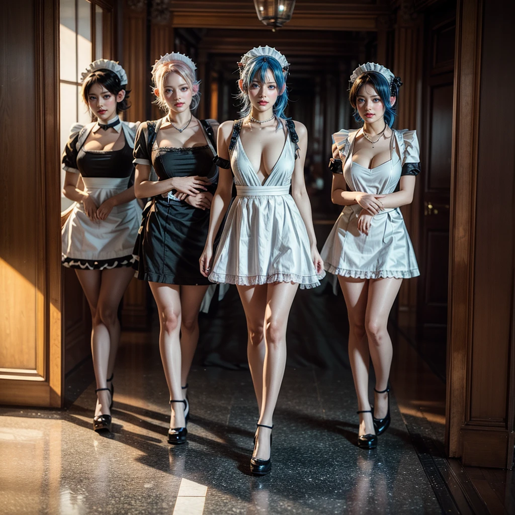 (Full Body of Extremely Detailed((Sexy Maid Group in a row:1.37))), KAWAII perfect face, Reflective Eyes, Detailed(Delicate Clothing textures), Correct Leg Line, Dynamic Joyful Expressions LifeLike Rendering, Specular Reflection, TopQuality 8K Ultra-detailed masterpiece (ProfessionalPhoto:1.37), (Acutance:0.8), (Luminism:1.28), Renaissance art style, Colorful Light particles, ((Full body from side)), {MicroMini Skirt|Kissing|Breast Lifting|Undressing|Thigh Gap|AssFocus|(NakedApron with Overflowing SideBoob)}, Radiant Fine Skin with Transparency, (Exposed:0.33), (Different types of Anime hair color){Pink Hair|Blue Hair|Platinum Blonde|Pure White Hair|Liquid Hair}, Perfect Lighting