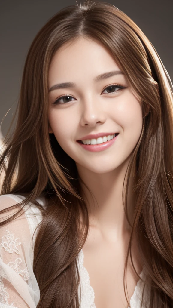 High resolution, Gaze, smile, teeth, Highest quality, High-resolution model, High detail, Textured skin, Long Hair, Brown Hair, chest, happiness/joy, Bright Eyes, Droopy eyes, accessories, Reality, 