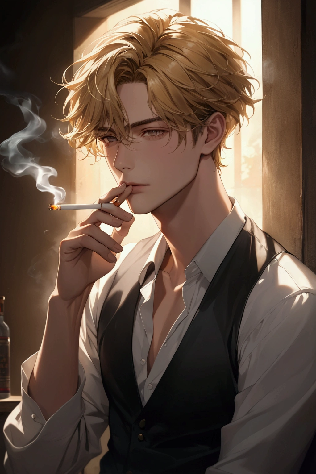 very realistic anime boy high definition a very handsome with golden hair with subtle waves, he is smoking a cigarette