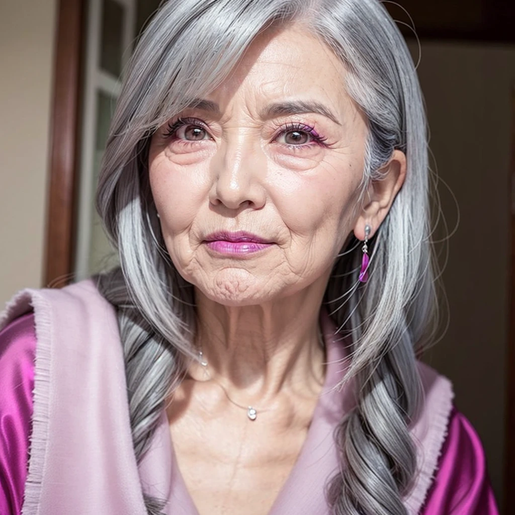 100-year-old grandmother、Gray Hair、The wrinkles are very deep、Mouth wrinkles、Thinning hair、Heavy makeup, Magenta gloss lips, Hollow Eyes,