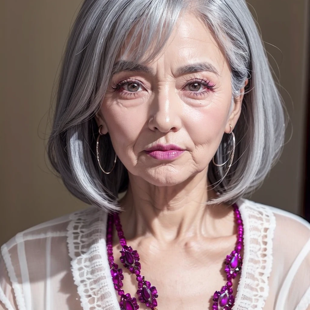 100-year-old grandmother、Gray Hair、The wrinkles are very deep、Mouth wrinkles、Thinning hair、Heavy makeup, Magenta gloss lips, Hollow Eyes,