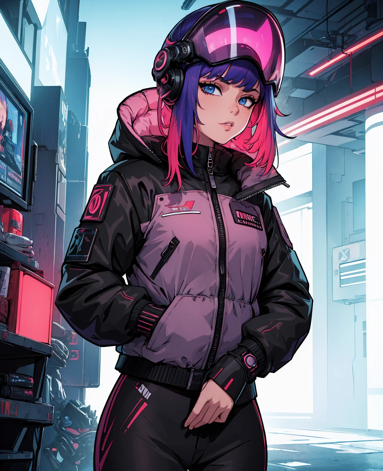 (masterpiece,best quality,ultra detailed,ultra high res,detailed background),((cyberpunk)),((flat color)),((colorful)),(1girl),pilot,pilot helmet,pilot jacket,looking at viewer,solo,upper body,colored background,high contrast,contrasting colors,cowboy shot,