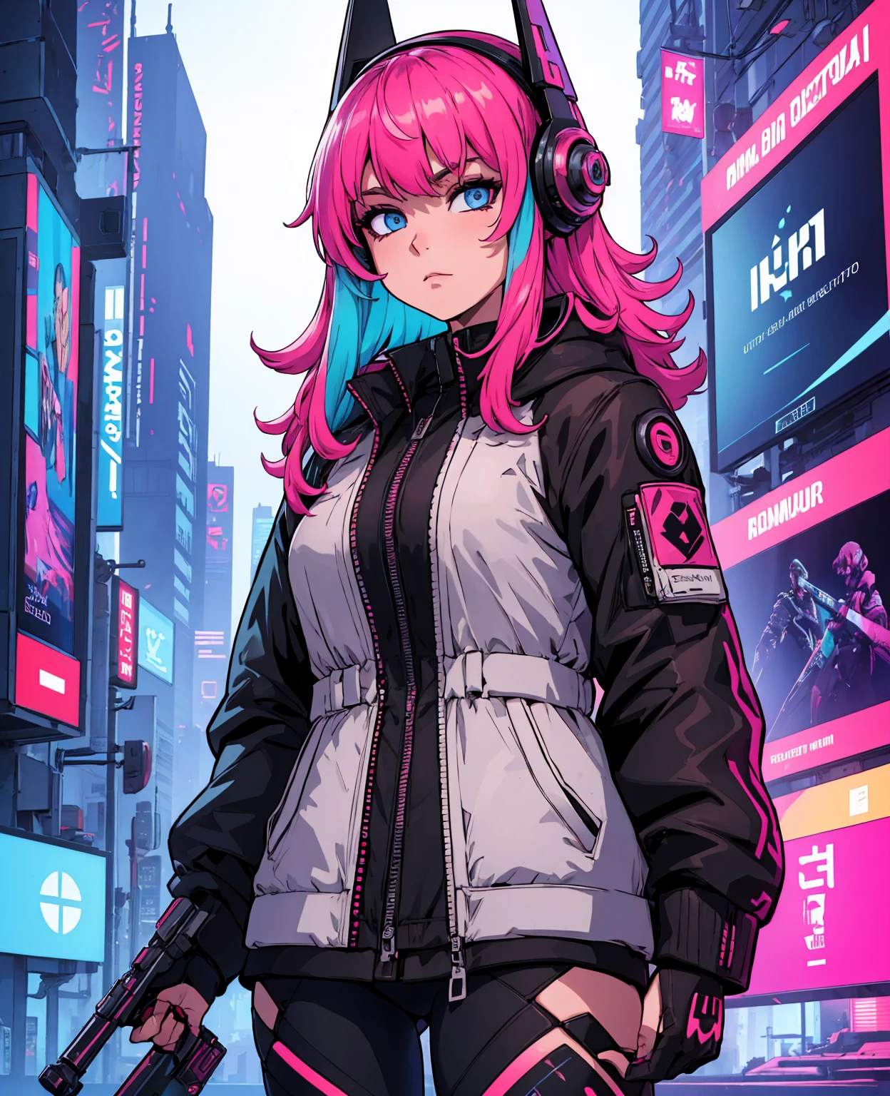 (masterpiece,best quality,ultra detailed,ultra high res,detailed background),((cyberpunk)),((flat color)),((colorful)),(1girl),pilot,pilot helmet,pilot jacket,looking at viewer,solo,upper body,colored background,high contrast,contrasting colors,cowboy shot,