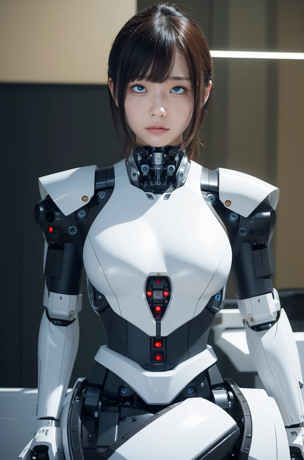 masterpiece, best quality, extremely detailed, 8k portrait,Japaese android girl,Plump ,control panels,android,Droid,Mechanical Hand, Robot arms and legs,Blunt bangs,perfect robot girl,long tube,thick cable connected her neck,android,robot,humanoid,cyborg,japanese cyborg girl ,robot-assembly plant,white robot body,She has assembled now,assembly scene,chest monitor,blue eyes,rolling eyes 