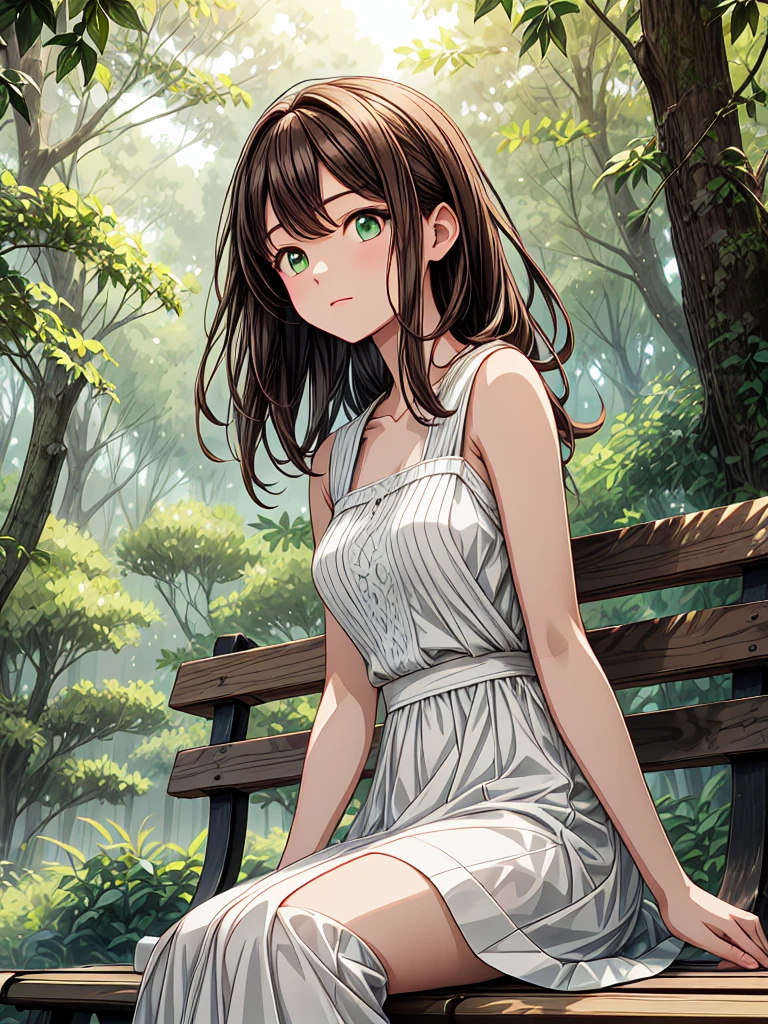 Create a anime style landscape image. Digital illustration featuring a young woman with short, dark brown hair, sitting on a wooden bench in a lush, sunlit forest. She is wearing a sleeveless, white dress that drapes elegantly over her form. The background is filled with dense green foliage, with sunlight filtering through the trees, creating a serene and peaceful atmosphere. The woman's facial features are soft and contemplative, with a fair skin tone. The overall style of the illustration is realistic with a touch of anime influence, characterized by detailed shading and vibrant colors.