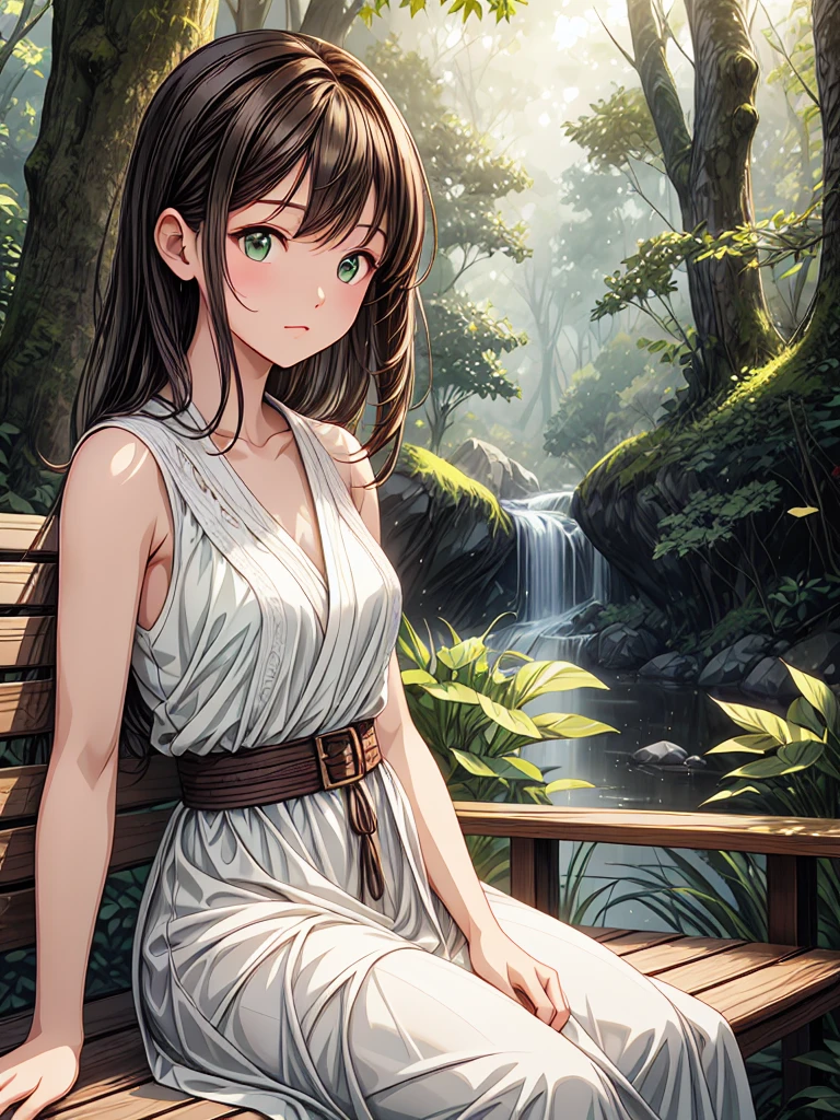 Create a anime style landscape image. Digital illustration featuring a young woman with short, dark brown hair, sitting on a wooden bench in a lush, sunlit forest. She is wearing a sleeveless, white dress that drapes elegantly over her form. The background is filled with dense green foliage, with sunlight filtering through the trees, creating a serene and peaceful atmosphere. The woman's facial features are soft and contemplative, with a fair skin tone. The overall style of the illustration is realistic with a touch of anime influence, characterized by detailed shading and vibrant colors.