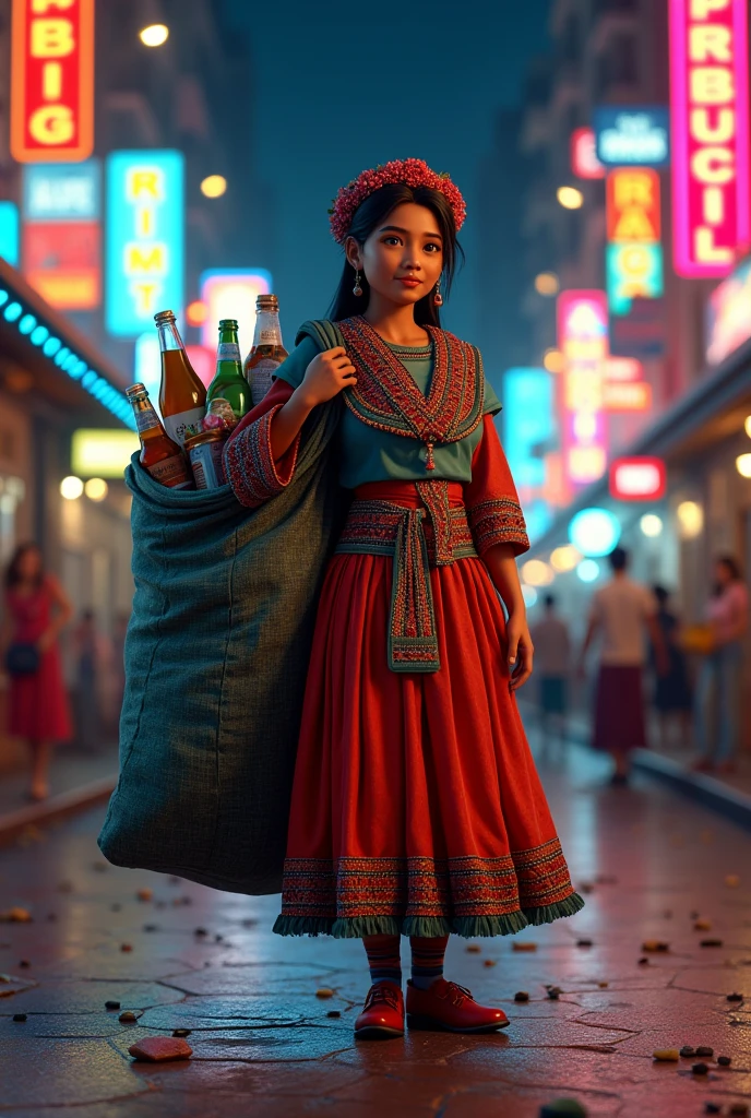 Aymara woman in a traditional skirt (bolivian) on a street full of nightclubs at night collecting recyclable material carrying a huge bag on their backs wrapped in a aguayo full of the same (Bottles, cans, papers) in a 3D style