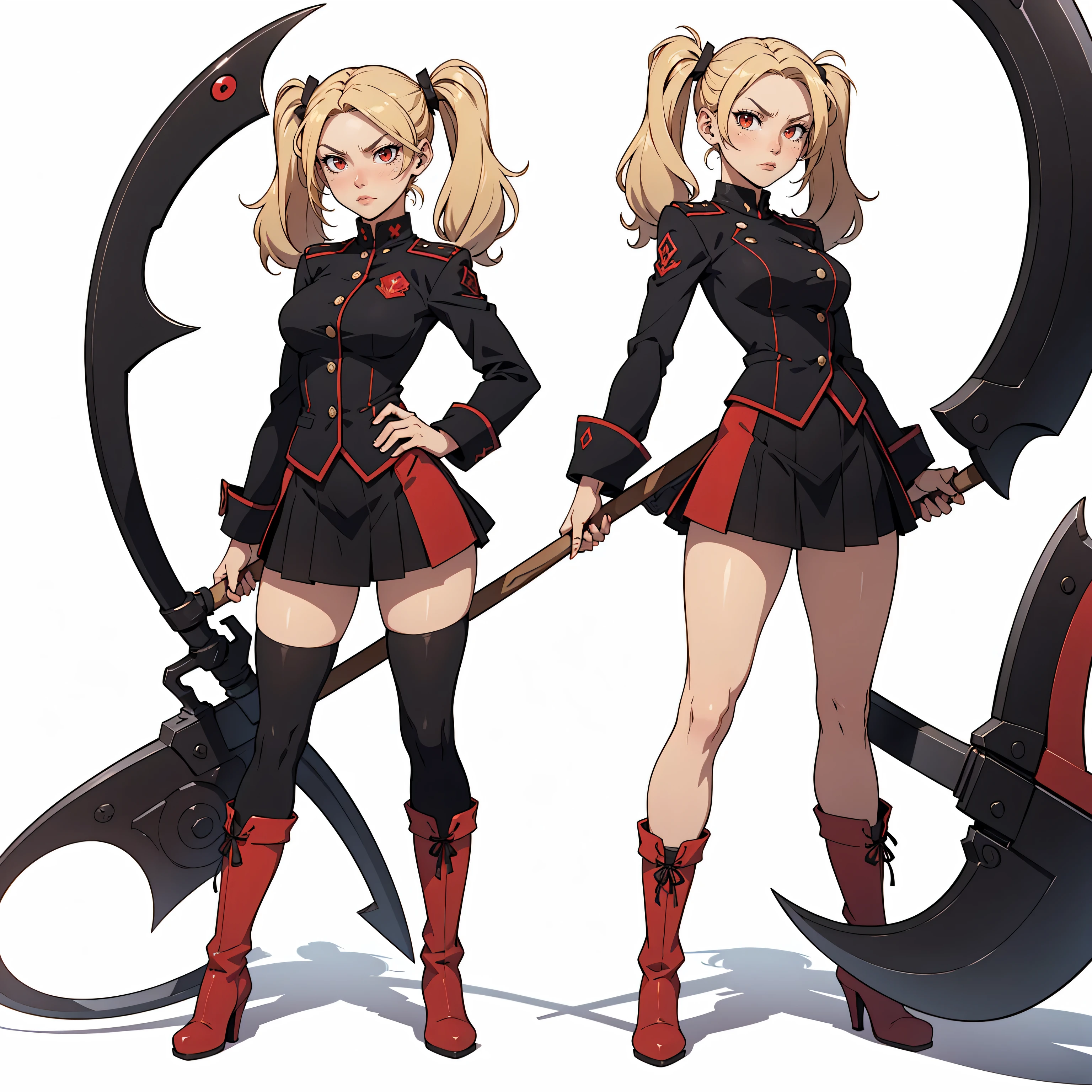 Very detailed, serious facial expression, figure, full body view, blonde hair with twintails, red eyes, looking at viewer, black and red uniform, skirt, black boots, holding scythe.