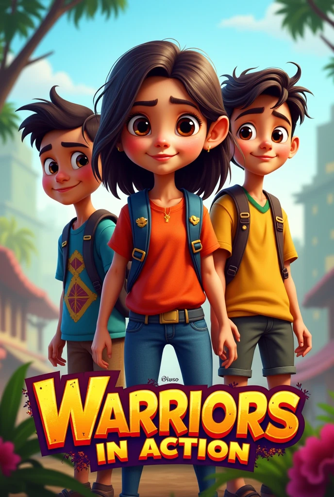 Design a cartoon logo featuring 1 girl with medium-length hair and 2 Bolivian boys aged 11 wit? black hair for a news program called "Warriors in Action"