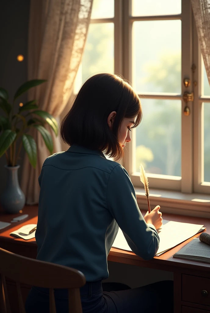 With shoulder-length hair, she sat near the window in her room, writing a letter with a quill pen, wearing a blue shirt with her back to the viewer. (realistic 3d image)