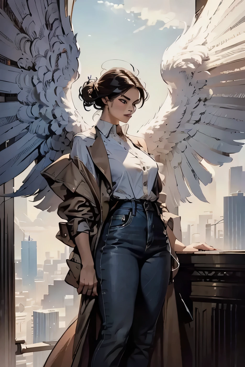 there is a woman with wings on her arm posing for a photo, humano winged, angel, angel  alada,  angel, angel protegendo mulher, winged raven vampire, stylized urban fantasy artwork, asas de angel épicas, lindo angel feminino,  com asas de angel, view 3/4 of woman with wings, harpy woman, in style of anne stokes, winged, in the act of putting on a brown overcoat. white  shirt, jeans. modern clothing, day-by-day, casual, 