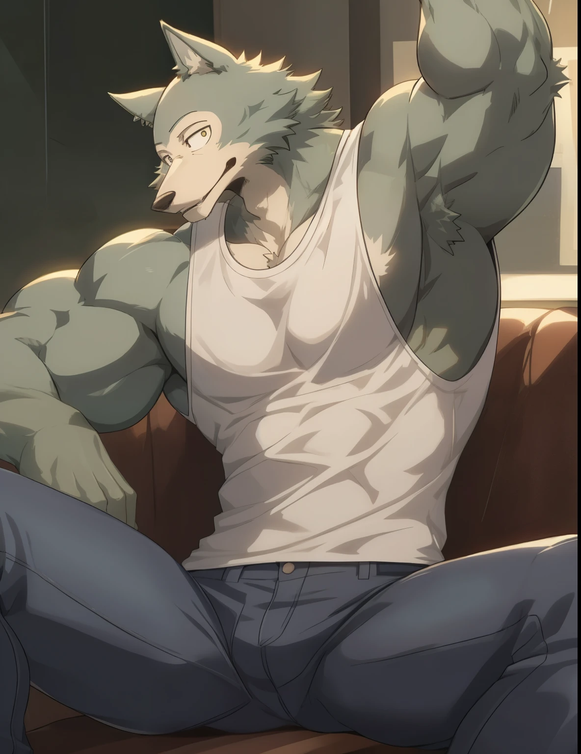 Legoshi, beastars, muscular, body-builder, lobo, the second, large pectorals, venous muscles, Huge muscles, thin waist, tight black t-shirt, flexing, wearing jeans, smiling