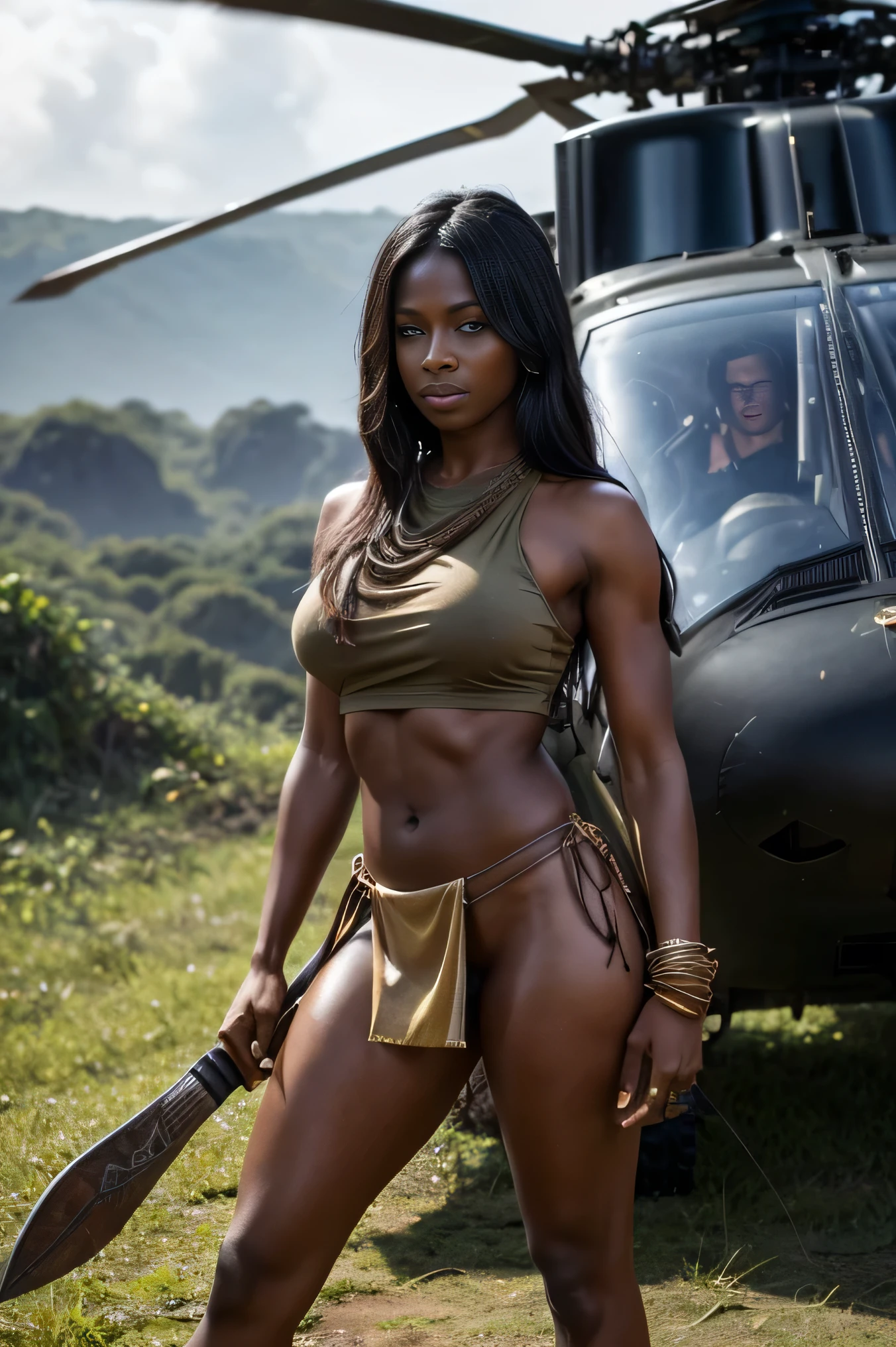 Sheena queen of the jungle, dark wet skin, holding a battle axe, wearing a tan loincloth and loincoth top, next to a damaged helicopter, realistic, smoke coming from helicopter 