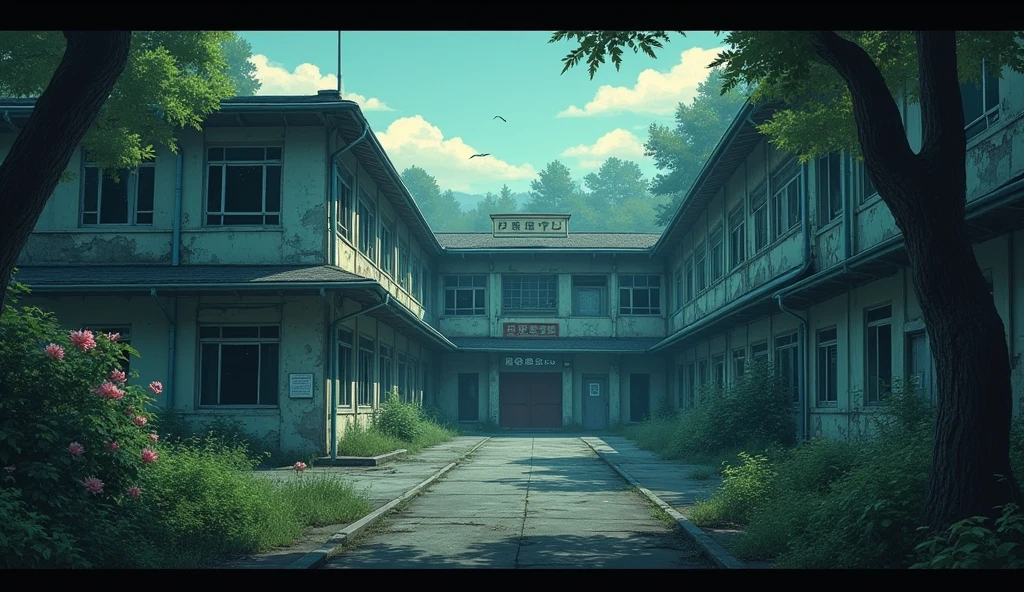 A sad japanese school abandoned who the atmospher is very dark, outside of the school views anime style