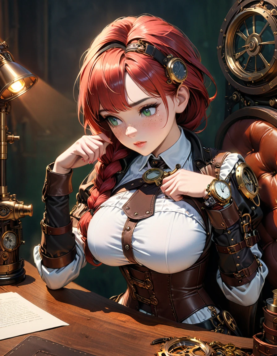 detailed textures, high quality, high resolution, high precision, realism, color correction, correct lighting settings, harmonious composition. Steampunk And, a beautiful woman, sitting at a table, fixing a watch, with freckles, green eyes and long red hair, braided, in a corset with , a steampunk girl--ar 3:4 --niji 6