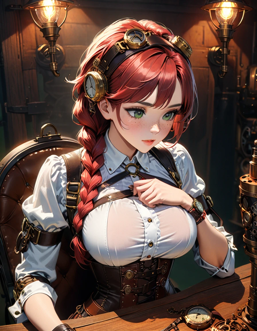 detailed textures, high quality, high resolution, high precision, realism, color correction, correct lighting settings, harmonious composition. Steampunk And, a beautiful woman, sitting at a table, fixing a watch, with freckles, green eyes and long red hair, braided, in a corset with big breasts, a steampunk girl--ar 3:4 --niji 6