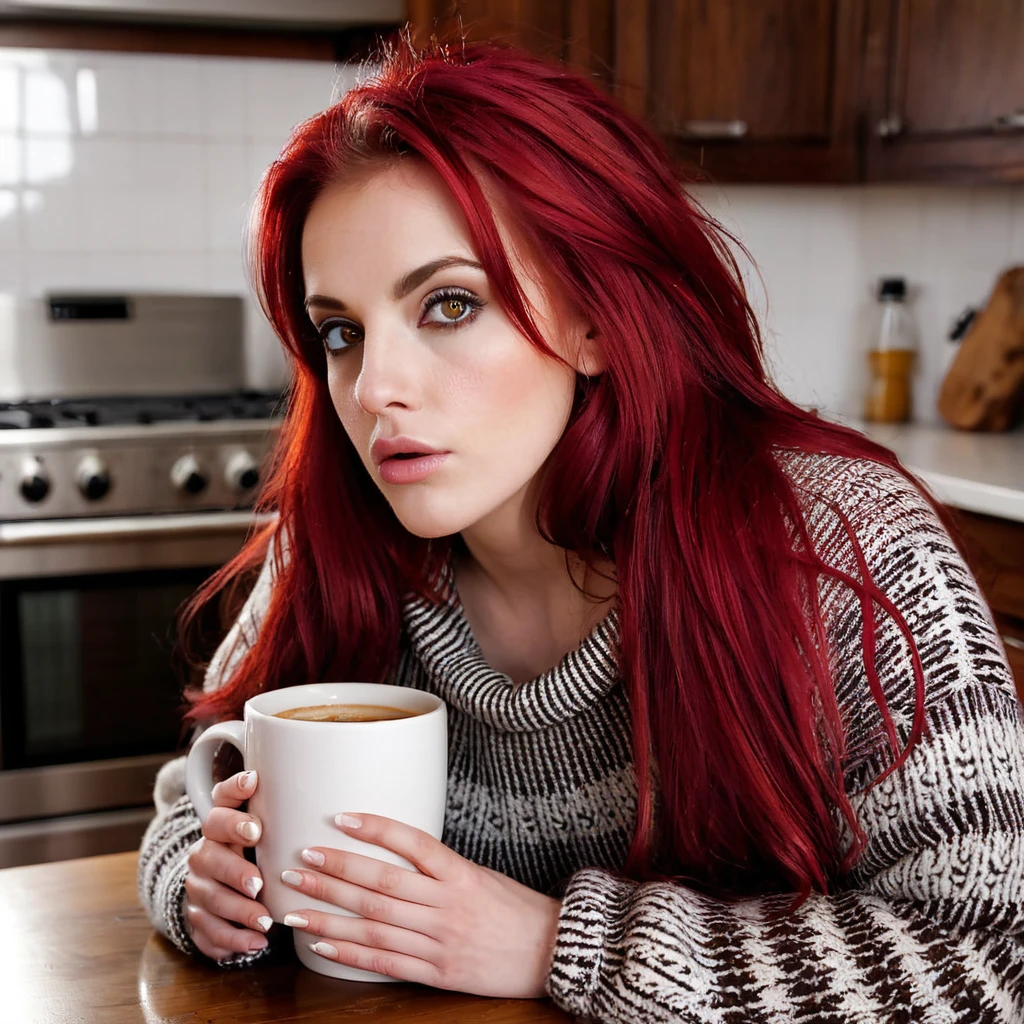closeup, portrait, LeannaDecker, ((wearing sweater)), inside, portrait, kitchen, holding coffee mug, winter fire, eyes open, best quality, upper body, by lee jeffries nikon d850 film stock photograph 4 kodak 400 camera f1.6 lens rich colors hyper realistic lifelike texture natural lighting unreal engine trending on artstation cinestill 800, (100mm lens), long hair,, red hair