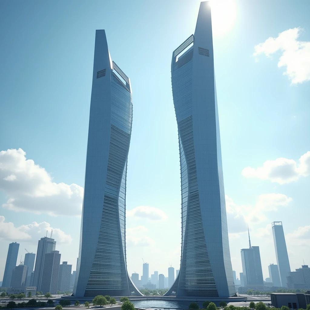 Deux tours futuristes au milieu de la ville avec l'horizon et avec le soleil et le ciel avec quelques petits nuages
