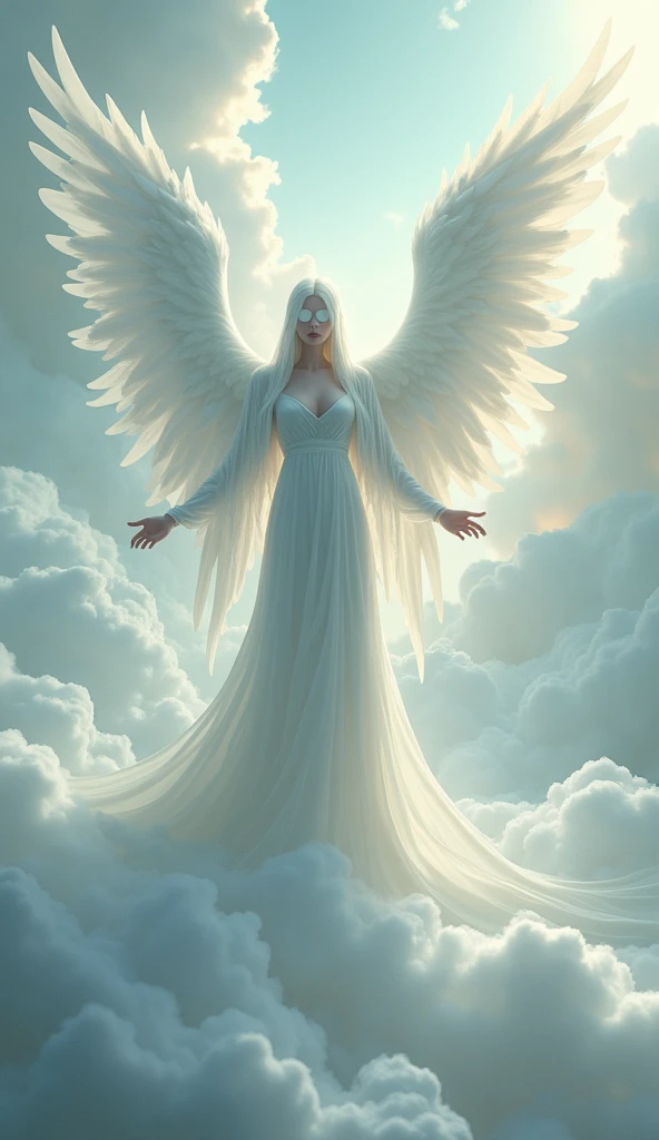 Angel, male, quite tall, his skin pale, neat and even fragile physique, long snow-white hair. He has two pairs of wings, the first pair of wings is small, they cover his white eyes, the second pair is huge wings 4 meters long and wide to the floor. He is dressed in white robes, floor-length, clouds and heaven lights background.