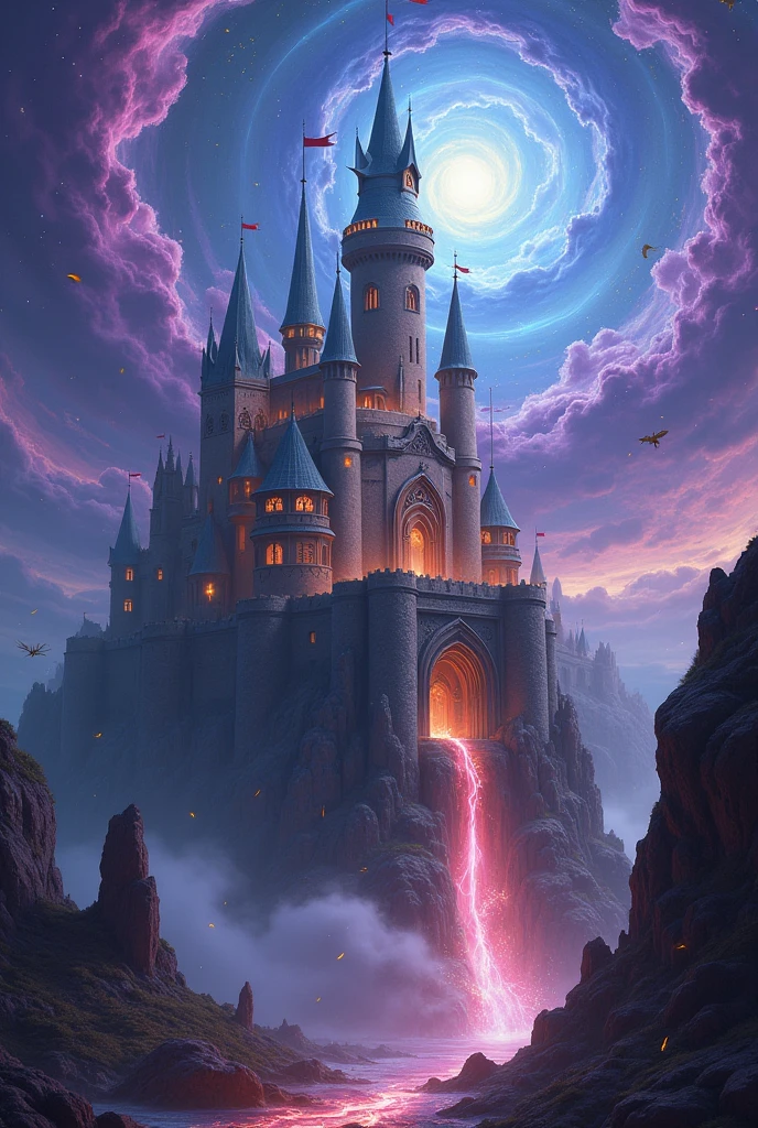 Castle and magical books in a purple and blue universe.