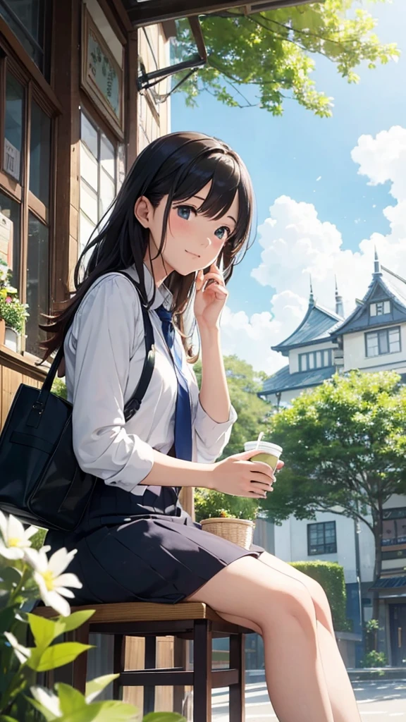 「A young office lady in a refreshing suit、Sitting at an open-air cafe in a busy town, eating lunch。 she、The clear blue sky、Looking up with a look of determination and hope。 There are towering buildings in the streets、Bright green trees on the road below々Standing side by side、The leaves are swaying in the sunlight。 This scene、Optimism、ambition、The magic of making dreams come true、It is presented in Studio Ghibli&#39;s signature warm and detailed animation style.。"